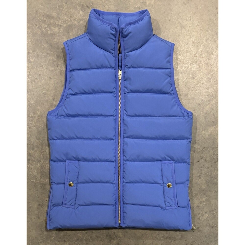 J. Crew Women's XS Mountain Puffer Vest Down Filled Periwinkle Gold Trim NWOT